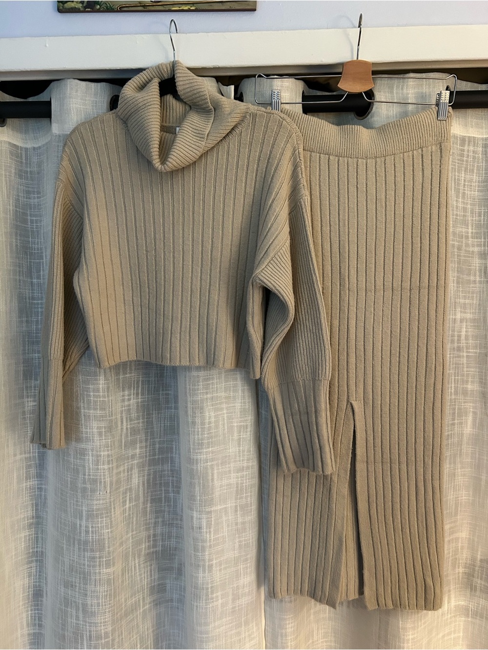 Topshop Taupe Ribbed Turtleneck Sweater and Skirt Set